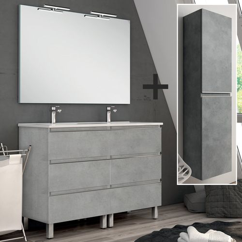 Ensemble Meuble De Salle De Bain 120cm Double Vasque + Colonne De Rangement Palma - Ciment (gris)