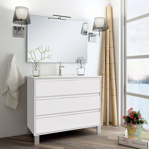 Ensemble Meuble De Salle De Bain 100cm Simple Vasque + Colonne De Rangement Tiris - Blanc