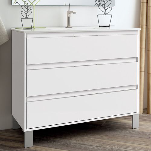 Ensemble Meuble De Salle De Bain 100cm Simple Vasque + Colonne De Rangement Tiris - Blanc