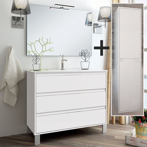 Ensemble Meuble De Salle De Bain 100cm Simple Vasque + Colonne De Rangement Tiris - Blanc