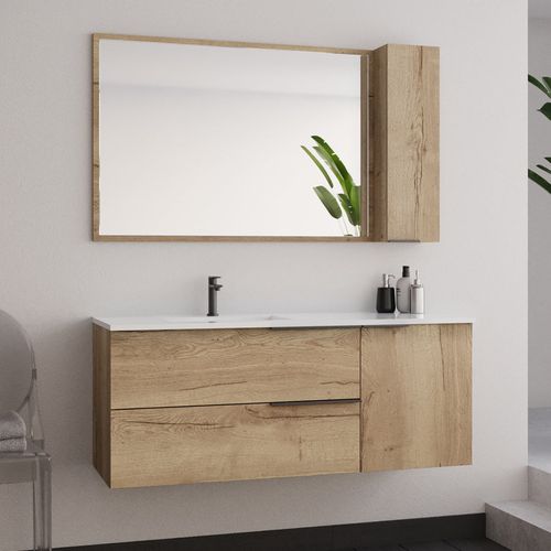 Ensemble Meuble De Salle De Bain 120cm Vasque Déportée + Colonne De Rangement - King - Chêne Clair