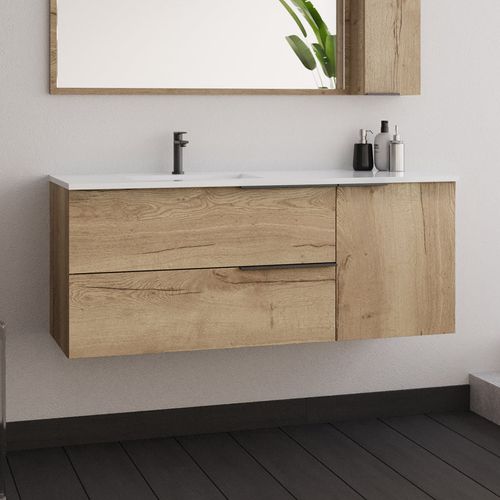 Ensemble Meuble De Salle De Bain 120cm Vasque Déportée + Colonne De Rangement - King - Chêne Clair