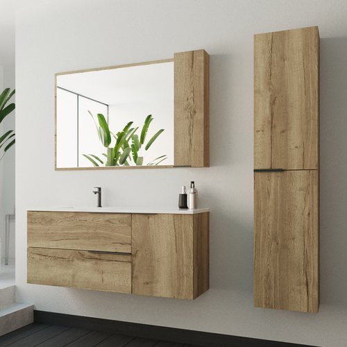 Ensemble Meuble De Salle De Bain 120cm Vasque Déportée + Colonne De Rangement - King - Chêne Clair