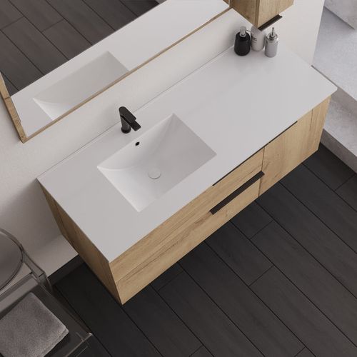 Ensemble Meuble De Salle De Bain 120cm Vasque Déportée + Colonne De Rangement - King - Chêne Clair