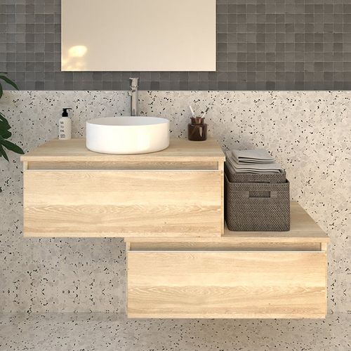 Meuble De Salle De Bain Avec Vasque à Poser Ronde Sans Miroir Pena - Chêne Clair- 120cm