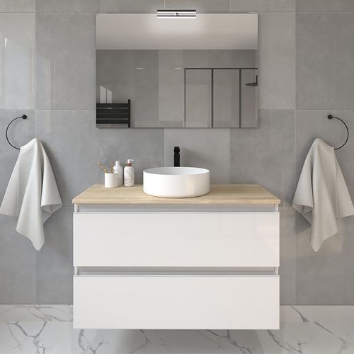 Meuble De Salle De Bain  Avec Vasque à Poser Ronde Et Miroir Avec Applique Balea - Blanc - 70cm