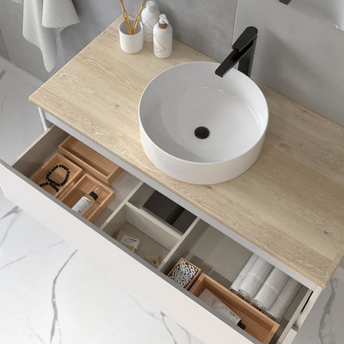 Meuble De Salle De Bain 2 Tiroirs Avec Vasque à Poser Ronde Balea - Blanc - 100cm