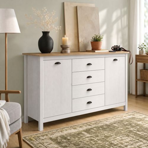 Buffet campagne L.150cm MAYA Bois massif blanc vue d'ambiance 1
