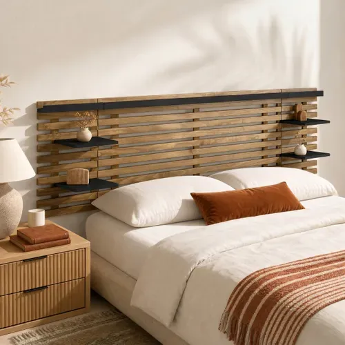 Tête de lit avec 4 étagères 140/160 cm NIDRA pin massif et noir vue d'ambiance 1