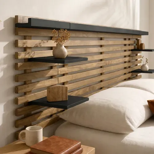 Tête de lit avec 4 étagères 140/160 cm NIDRA pin massif et noir