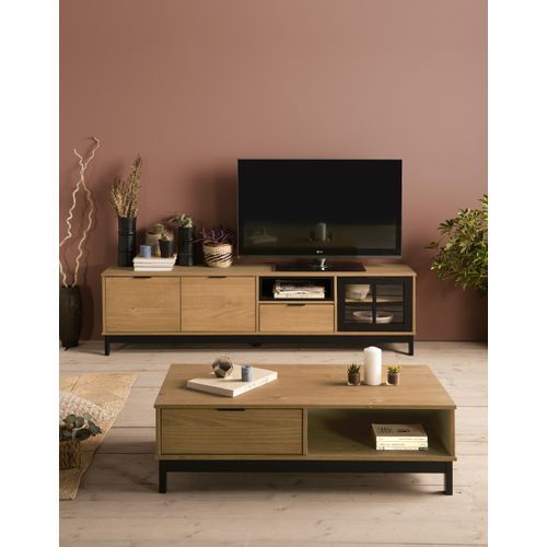 Meuble TV L.187 cm BRONX Bois massif et noir