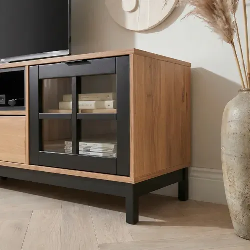 Meuble TV L.187 cm BRONX Bois massif et noir