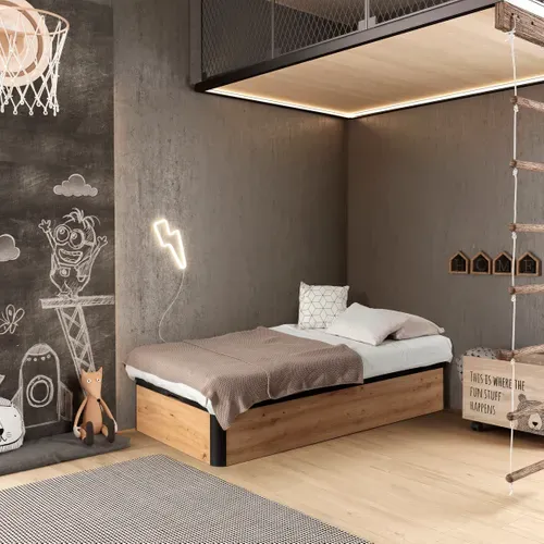 Sommier coffre 90x190 cm DREAMEA BROOKLYN 3 imitation chêne vue d'ambiance 1