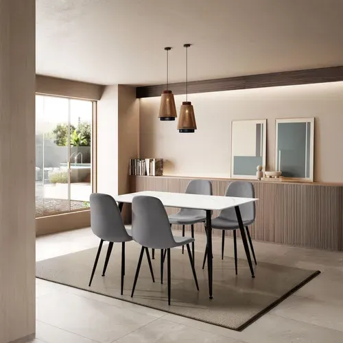 Ensemble de table en pierre frittée + 4 chaises MINKA en velours côtelé gris vue d'ambiance 1