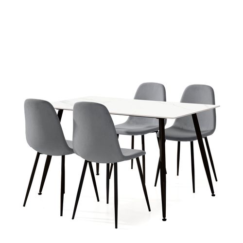 Ensemble de table en pierre frittée + 4 chaises MINKA en velours côtelé gris vue de profil