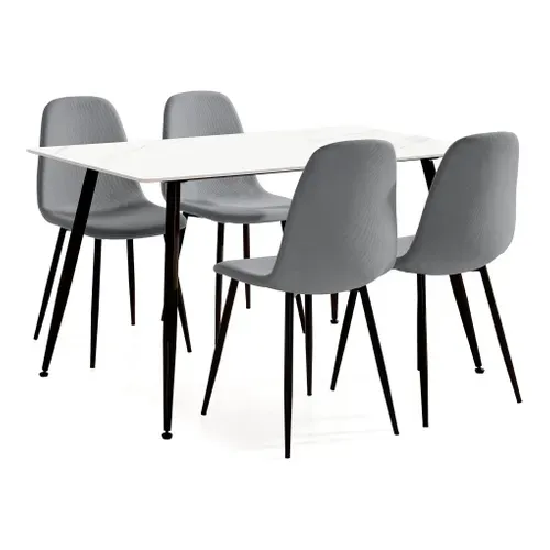 Ensemble de table en pierre frittée + 4 chaises MINKA en velours côtelé gris vue 3/4