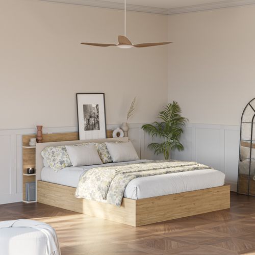 Lit coffre avec sommier relevable 140x190 cm AMELIE imitation chêne et crème vue d'ambiance 1