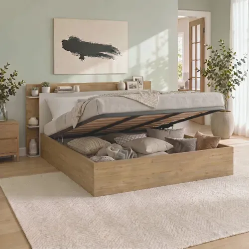Lit coffre avec sommier relevable 160x200 cm AMELIE imitation chêne et crème