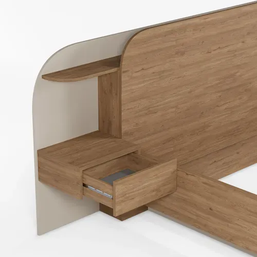 Lit 140x190cm chevets intégrés DORIAN imitation chêne et crême vue accessoires