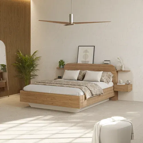 Lit 140x190cm chevets intégrés DORIAN imitation chêne et crême vue d'ambiance 1