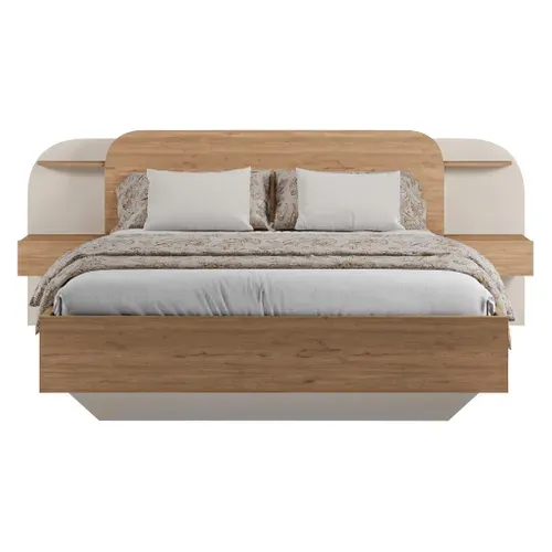 Lit 140x190cm chevets intégrés DORIAN imitation chêne et crême vue de face