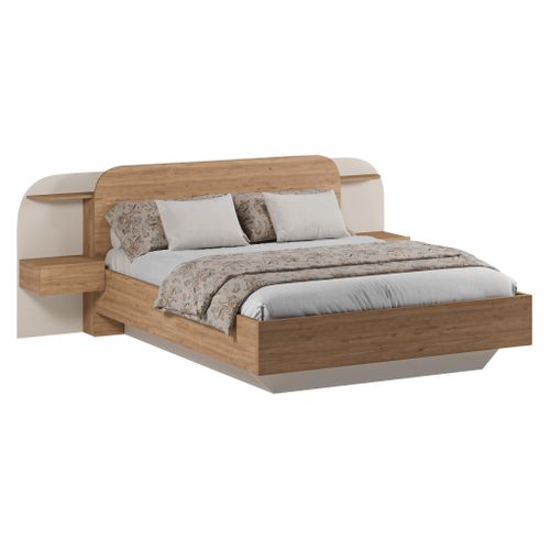 Lit 140x190cm chevets intégrés DORIAN imitation chêne et crême vue 3/4
