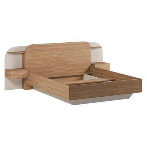 Lit 140x190cm chevets intégrés DORIAN imitation chêne et crême