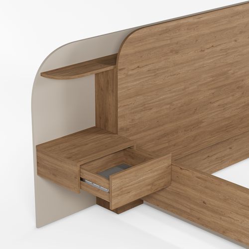 Lit 160x200cm chevets intégrés DORIAN imitation chêne et crême