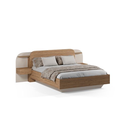 Lit 160x200cm chevets intégrés DORIAN imitation chêne et crême