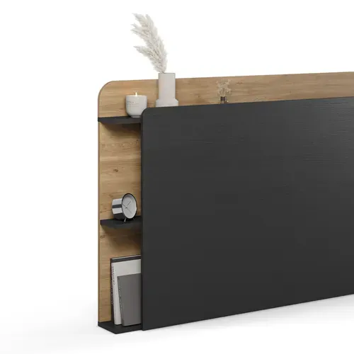 Tête de lit avec rangements NINON noir et imitation chêne