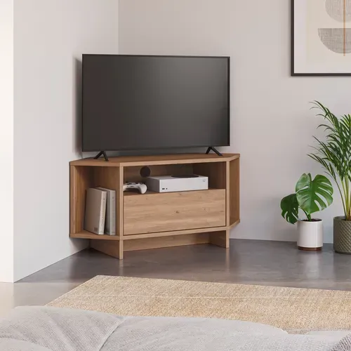 Meuble TV d'angle RUBIK imitation chêne vue d'ambiance 1