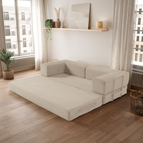 Canapé 3 places convertible VALENCIA compressé tissu beige