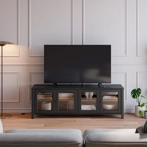 Meuble TV L.150 cm portes vitrées ALESSANDRA pin massif noir vue d'ambiance 1