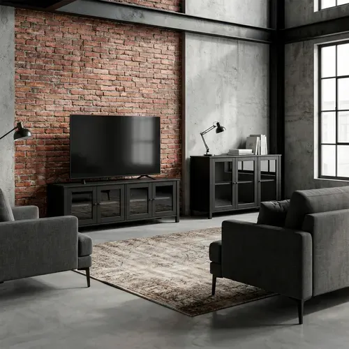 Meuble TV L.150 cm portes vitrées ALESSANDRA pin massif noir