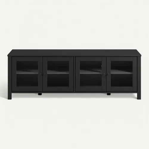 Meuble TV L.150 cm portes vitrées ALESSANDRA pin massif noir vue de face