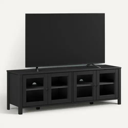 Meuble TV L.150 cm portes vitrées ALESSANDRA pin massif noir vue 3/4