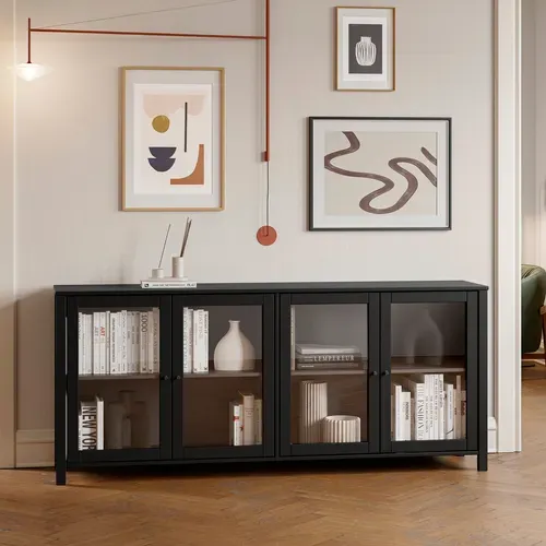 Buffet 4 portes vitrées L. 186 cm ALESSANDRA en pin massif noir vue d'ambiance 1