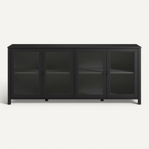 Buffet 4 portes vitrées L. 186 cm ALESSANDRA en pin massif noir vue de face