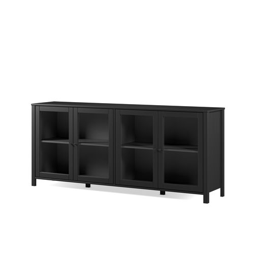 Buffet 4 portes vitrées L. 186 cm ALESSANDRA en pin massif noir vue de profil