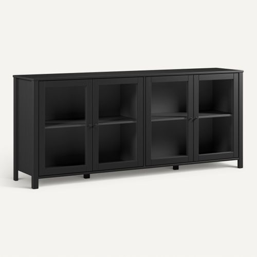 Buffet 4 portes vitrées L. 186 cm ALESSANDRA en pin massif noir vue 3/4