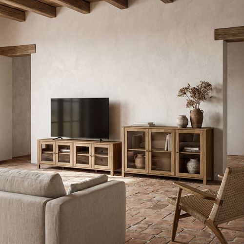 Meuble TV L.150 cm portes vitrées ALESSANDRA pin massif vue d'ambiance 1