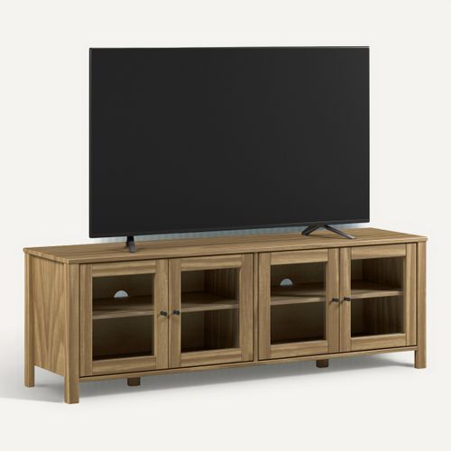 Meuble TV L.150 cm portes vitrées ALESSANDRA pin massif vue 3/4