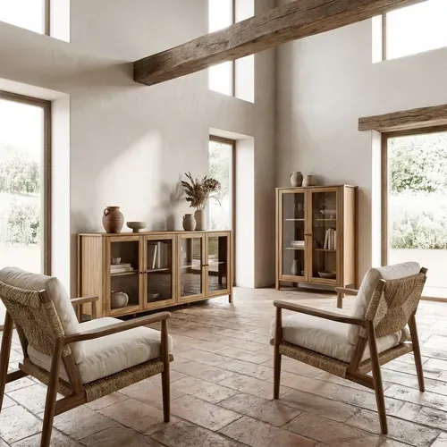 Buffet 4 portes vitrées L. 186 cm ALESSANDRA en pin massif vue d'ambiance 1