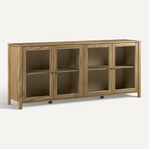 Buffet 4 portes vitrées L. 186 cm ALESSANDRA en pin massif vue 3/4