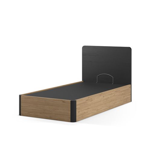 Lit coffre 90X190 cm BROOKLYN imitation chêne et noir vue de profil