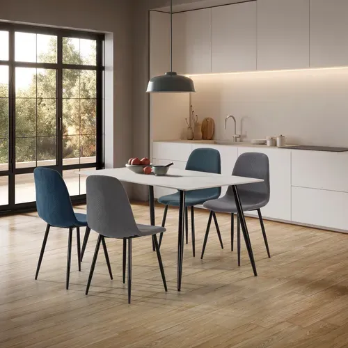 Ensemble de table en pierre frittée + 4 chaises MINKA en velours côtelé gris et bleu vue d'ambiance 1