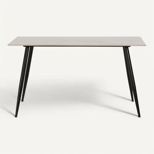 Ensemble de table en pierre frittée + 4 chaises MINKA en velours côtelé gris et bleu vue de face