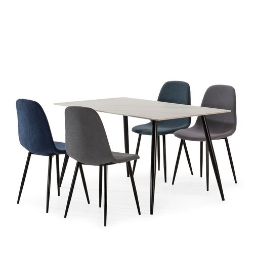 Ensemble de table en pierre frittée + 4 chaises MINKA en velours côtelé gris et bleu vue de profil