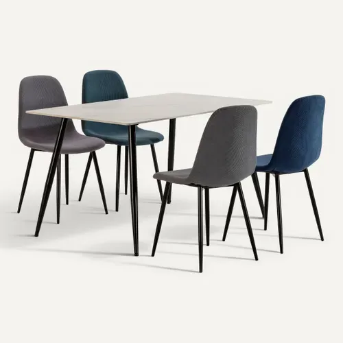 Ensemble de table en pierre frittée + 4 chaises MINKA en velours côtelé gris et bleu vue 3/4