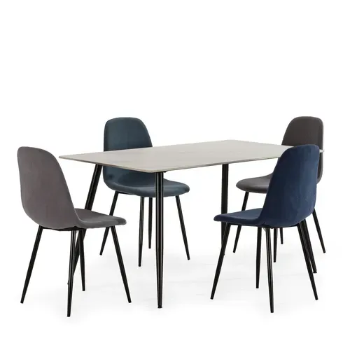 Ensemble de table en pierre frittée + 4 chaises MINKA en velours côtelé gris et bleu